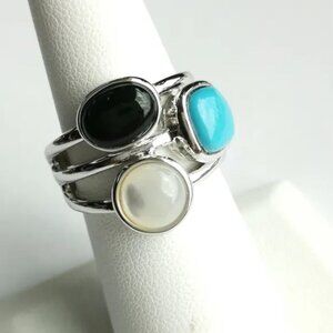 Three stone ring onyx, mother of pearl, turquoise ring size 9 🆕